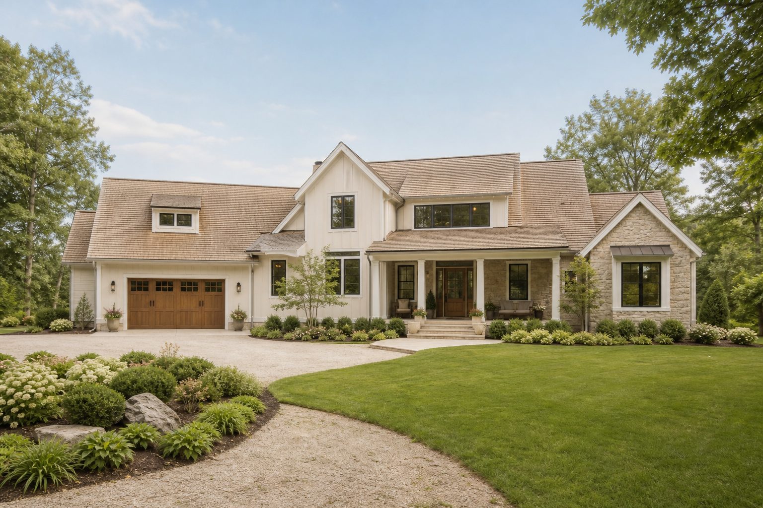 A calm, tidy, well-kept exterior of the kind of property a home remodeling business serves -- shown wide and eye-level, the whole property with its yard or entrance visible, not a close-up detail, no people